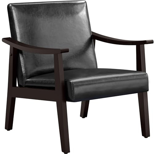 Yaheetech Armchair Sofa Accent PU Leather Chair Retro Lounge Chair with Rubber Wood Legs Comfy Seat/Backrest for Modern Living Room Bedroom Dining Room Office Reception Balcony, Black