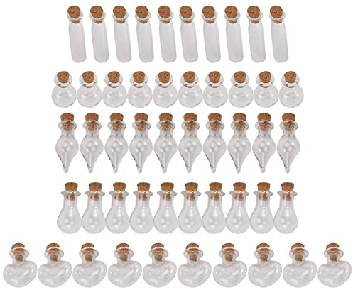 Orimommth 50 Pieces Small Mini Glass Jars Bottles with Cork Stoppers 5 Shapes Tiny Wishing Drifting Bottle Crafts DIY Projects