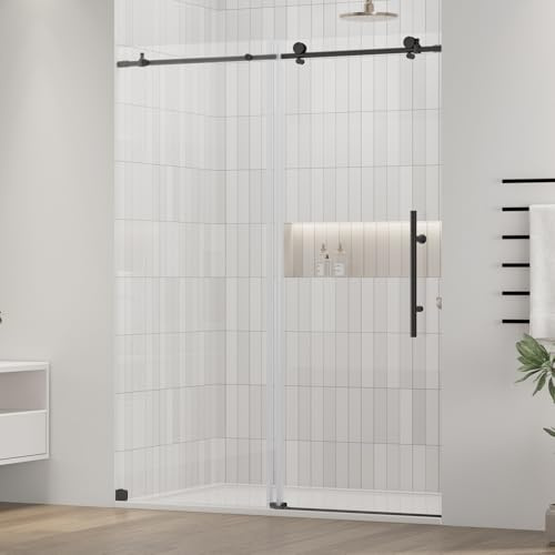 DELAVIN 56-59 W x 72 H Frameless Glass Shower Door, Smooth Sliding Shower Doors with 5/16 Tempered Ultra-Clear Glass, Matte Black Shower Door with Stainless Steel Hardware, Reversible Installation