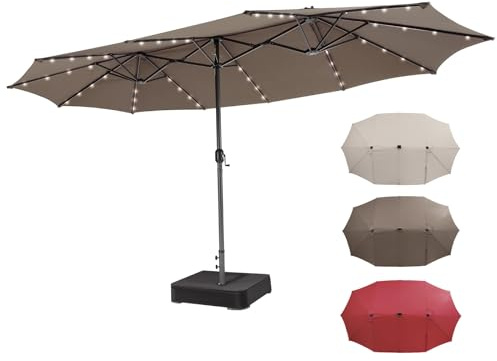 RELAX4LIFE Ombrellone Doppio da Giardino 4,5x 2,6m con Luci LED, Ombrellone Grande con Base, Apertura Manovella, Tetti Ventilati, per Patio, Cortile, Ristorante (Caffè-Base+Luci, 4,5 x 2,6 M)