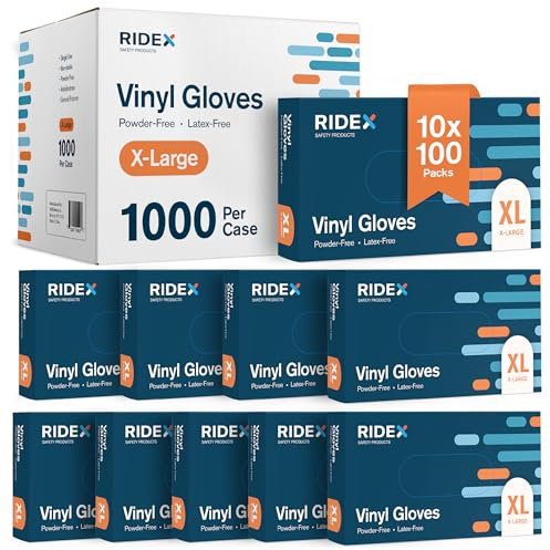 RIDEX Guanti usa e getta, in vinile trasparente senza lattice, confezione da 1000 pezzi, guanti spessi e multifunzionali, guanti multiuso, confezione da 100 guanti taglia XL