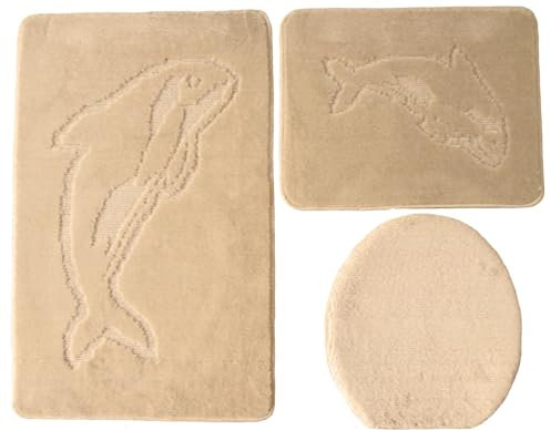 Ilkadim Export 3-teiliges Badset Gökyildiz Delphin einfarbig, Badteppich 55x85cm, WC-Vorleger rechteckig für Hänge-WC (beige)
