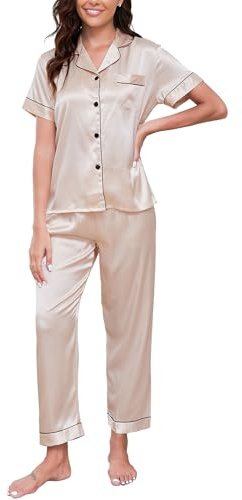 GAESHOW Sidenpyjamas för kvinnor, pyjamas i satin, tvådelad kortärmad pyjamas och långa byxor lättviktig andningsbar mjuk satin nattskjorta S-XXL, Champagne, L