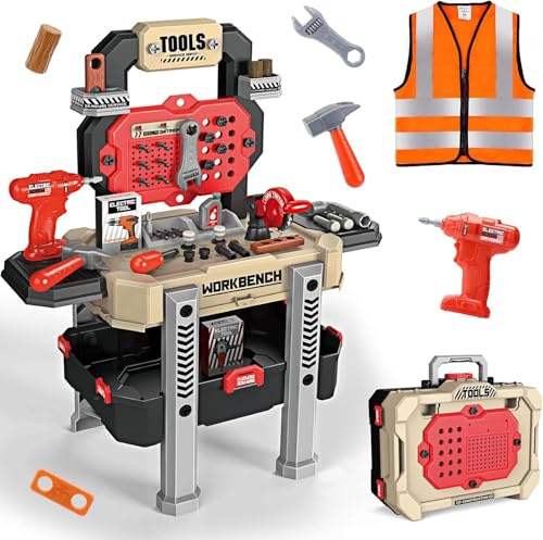 Jovow Kids Tool Bench with Realistic Tools and Electric Drill, Suitable for 3-5 Year Olds to Build Their Own Toy Workbench, 79 Pcs Realistic Toy Tools with Clothes, 32 x 26.6 x 14.4 in-Yellow