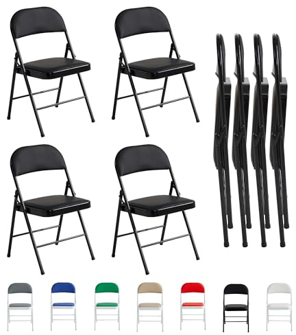 McC Direct Lot de 4 chaises pliantes en similicuir cadre métal siège rembourré facile à ranger pour la maison, bureau, salle à manger et réception (noir)