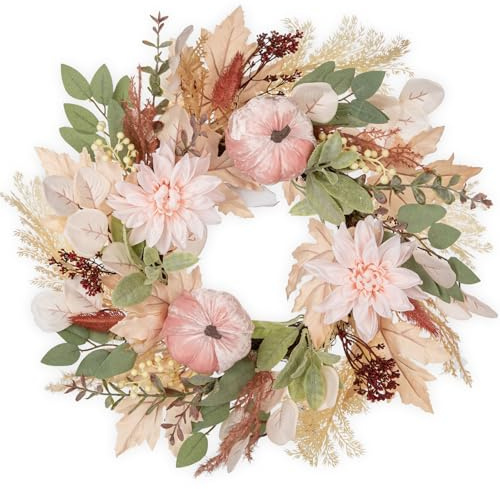 Briful 16 Blush Pink Fall Wreath with Velvet Pumpkins & Faux Dahlias – Soft Autumn Door Wreath for Indoor Wall, Nursery, Thanksgiving or Wedding Decor
