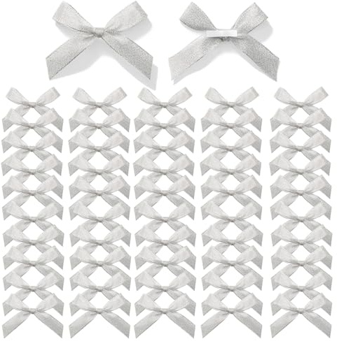 MORSUNBELA Schleifen Deko Kleine Silber Geschenkschleifen Selbstklebend Satin Schleife Geschenk für Valentinstag Hochzeit Weihnachten Dekoration Karte Herstellung 50 Stück