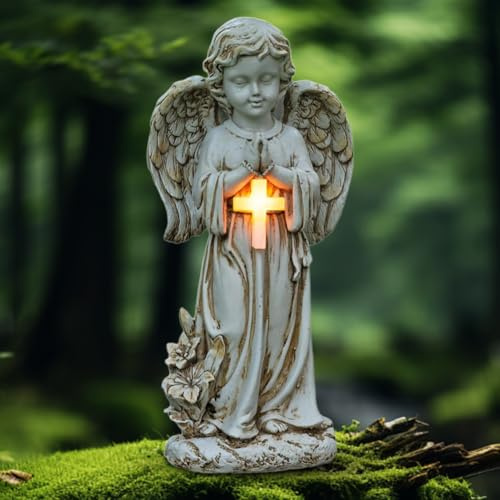 VOHESEA Statue da giardino a forma di angelo solare, 30 cm, angelo in preghiera con luce a croce, angelo sulla tomba, resistente alle intemperie, angeli da giardino, scultura decorativa per prato