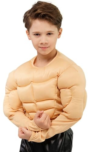2025 Costume de t-shirt musculaire pour garçon, costume musculaire fort pour Halloween, chemise de poitrine musculaire pour garçon, jaune (beige 4-6 ans)