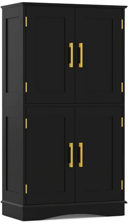 COSTWAY Bathroom Floor Cabinet, 110cm Freestanding Storage Cupboard with 4 Doors and 2 Adjustable Shelves, Wooden Bathroom Unit Side Cabinet Sideboard for Living Room Hallway Kitchen (Black)
