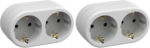 SIMON BRICO - Ladrón de Enchufe, Adaptador de Corriente con Doble Toma Schuko 16A y Toma de Tierra, Adaptador Ideal para Viajes, Color Blanco (Paquete de 2)