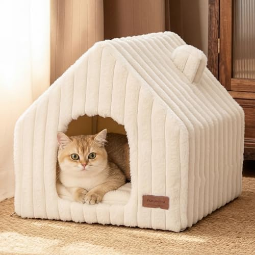 FUKUMARU Lits pour Chats, Maison pour Chat d'Intérieur en Fausse Fourrure de Lapin Douce, Niche Mignon et Lavable en Forme de Grotte avec Coussin Amovible 44,5 cm, Crème