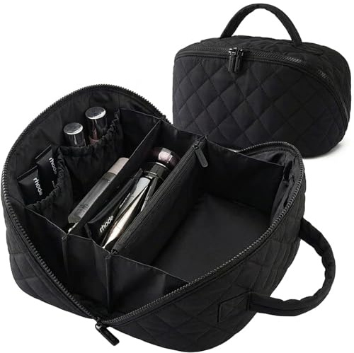 Travel Makeup Bag for Woman – 180° Lay-Flat Puffer Cosmetic Organizer Pouch | Large Capacity Make Up Case Open Flat Toiletry Bags – Cosmetic Bags – Quilted Makeup Bags with Brush Compartment & Handle