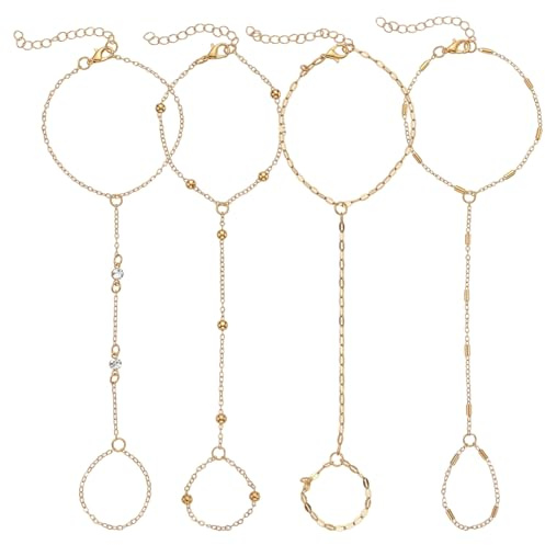 Ouligay 4 stycks handkedja guld Hand Chain Förgylld handkedja för damer, armband guld damer Trendig handaccessoar, kedja, guldkedja, armband set, justerbar, stackbar, kroppssmycke