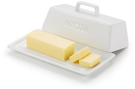 Kook Ceramic Butter Dish with Lid, Kitchen Countertop Butter Keeper, Serving Tray with Cover, Storage Container, Holds 1 Stick, Microwave and Dishwasher Safe, White