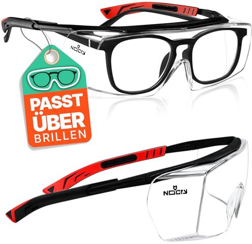 NoCry Sicherheits-Überbrille mit Kratzbeständigen Gläsern, Seitenschutz, Verstellbaren Bügeln, 400 UV-Schutz, schwarz roter Rahmen und EN166, EN170, EN172, EN175 Zertifiziert