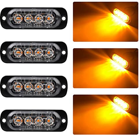 4pcs Ultra Thin 4LED Emergency Warning Lights Amber Hazard Flashing Strobe Light Side Warning Light Beacon Light Universal for 12-24V Car Vehicle Truck Trailer Caravan Camper Motorcycle Van