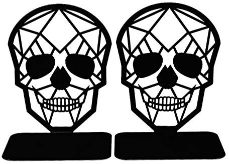 POHOVE 2pcs Metal Bookends Black, Heavy-Duty Book Ends for Shelves, Nonskid Supports for Heavy Books, Black Skull Design Decorative Desktop Organizer