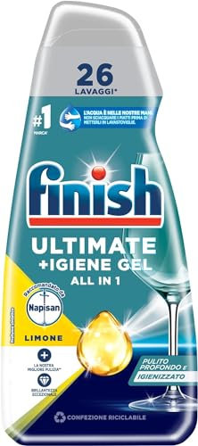 Finish Quantum +Igiene Gel, Gel Detersivo Per Lavastoviglie Liquido Raccomandato da Napisan, Multiazione, Limone, Confezione Da 26 Lavaggi - 655 g