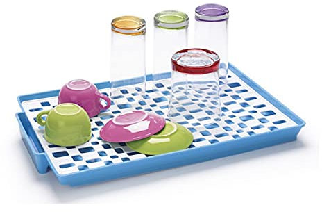Tradineur - Escurridor rectangular de plástico con bandeja anti goteo 40 x 27 x 3 cm, escurreplatos, vasos, cubiertos, soporte, organizador, estante para vajilla de cocina, color aleatorio