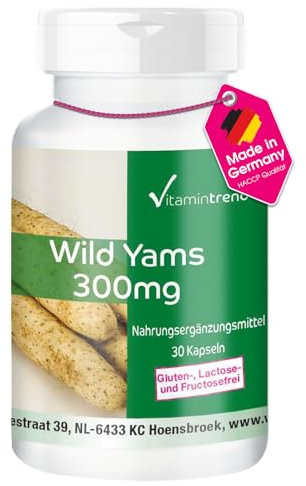 Wild Yams Extrakt 300mg - 30 Kapseln mit Vitamin C, E, Beta-Carotin, Zink und Selen - Yamswurzel-Extrakt standardisiert auf 20% Diosgenin - hochdosiert - vegan | Vitamintrend®