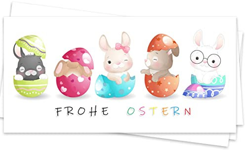 Osterkarten Set 10 Stück aufklappbar Frohe Ostern Grußkarten Klappkarten lang mit süßen Hasen Blumen Eiern Happy Easter Oster Karten Kartenset hochwertig geschäftlich