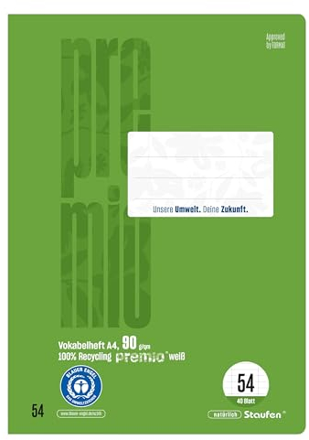 Staufen premio Vokabelheft - 2 Hefte je 40 Blatt, DIN A4, Lineatur 54 (Vokabelheft mit 2 Trennlinien), 90 g/m² Recyclingpapier, runde Ecken verhindern „Eselsohren“
