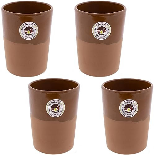 CERÁMICA ESPAÑA | Vaso de cerveza | Pack x4 vaso barro rojo Filo Miel - Modelo M04 | Jarras de cerveza en barro rojo | Vasos de agua | 500 ml