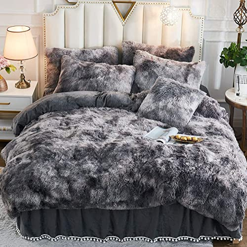 Michorinee Housse de Couette en Peluche 200x200 + 2 Taie d'oreiller 65x65 cm Parure de Lit Polaire Flanelle Chaud Hiver - Linge de lit 2 Personnes Duveteux avec Fermeture Éclair, Tie Dye Gris