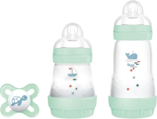 MAM Biberon Set Neonato con 2 biberon anticolica Easy Start 130 ml e 260 ml e Ciuccio Original Start, Riduce bolle d'aria e il rischio di coliche, Accessori neonati con tettarella in silicone, Verde