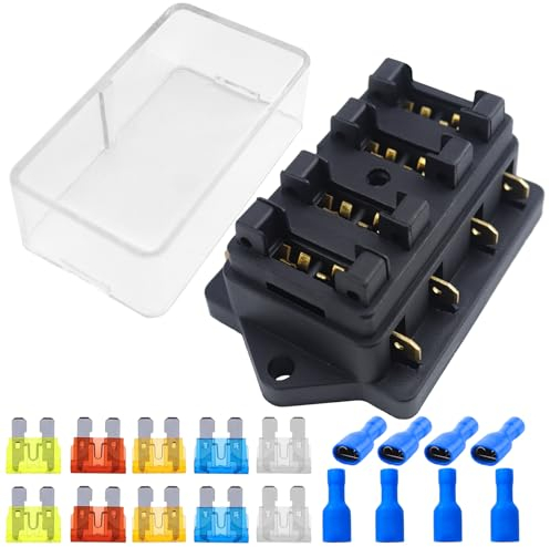 kfz Sicherungshalter Flachsicherung 4-Fach Sicherungshalter max. 32V DC mit 10pcs Standard Flachsicherungen (5A 10A 15A 20A 25A) für Auto, Boot, Boot, Wohnmobil