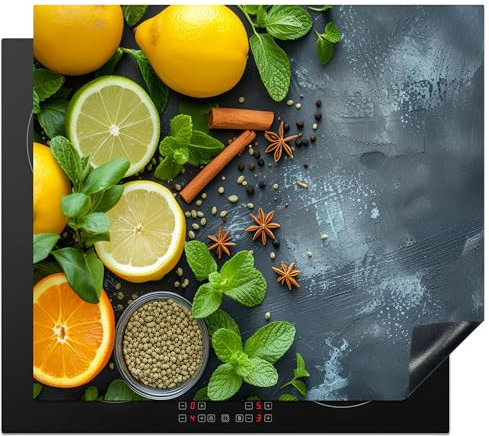 KitchenYeah© Protège Plaque Induction 58x51 cm Deco Cuisine Protection Pour Plan De Travail Cuisson Protégé Fruits - Béton - Plantes - Citron - Cannelle