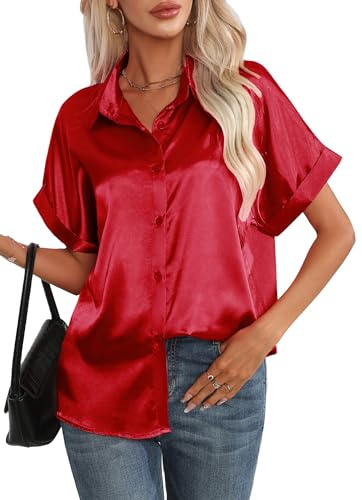 Maeau - Chemisier en Satin Femme Chemisier Hauts Boutonné Col V Chemisier en Soie Manches Courtes Bureau Chemises Casual Ample Été XXL Rouge