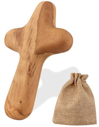 Gments 10 CM Handmade Wooden Cross Handcrafted Olive Wood Crucifix with Woven Linen Sack Handheld Mini Holding Cross in Pocket Pouch for Religious Christian Prayer Keepsake Men & Women