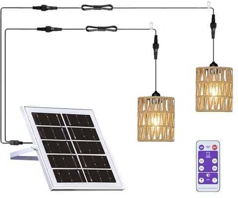 Rattan Solar Hängelampe Solarlampen für Außen Balkon mit Fernbedienung Hängeleuchte Hängend Korb Lampenschirm Pendelleuchte ohne Strom Wasserdichte Lampe Garten Camping 5M Kabel 2 Licht