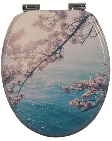 sanicomfort WC Sitz Cherry Blossom, MDF Holzkern, mit Absenkautomatik, Toilettensitz mit Klodecken, Klobrille und Deckel, verchromte Metallscharniere, einfache Montage