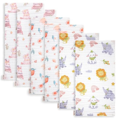 Maliton 6 stycken baby dregellappar för pojkar/flickor, tillverkade av 100 % bomull, mjuk, hållbar, ventilerande och extremt absorberande (kanin), 50 x 25 cm