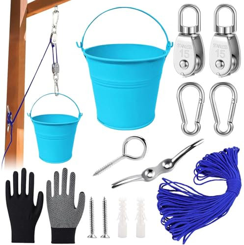 Jiahuade Poulie Enfants,Poulie avec Seau en Métal,Accessoire Cabane Enfant Exterieur,Accessoires pour Cabane dans Les Arbres,Jouets de Jardin pour Enfants de 3 Ans et Plus