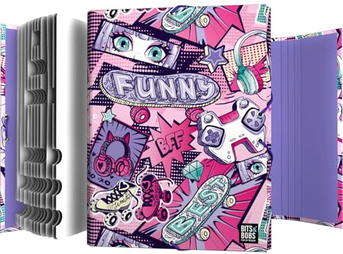 Grafoplas - Carpeta Clasificadora Escolar, 12 Posiciones, Diseño Manga, Bits & Bobs Pop Up Design, 35x26x2cm, Cartón Plastificado Soft, Certificado FSC, Ideal para Archivar Documentos a4 y Folio