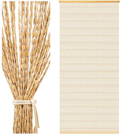 Cortina de perlas para puerta de balcón, 90 x 200 cm, cortina de puerta estilo bambú con 52 hilos, cortina protectora contra insectos de perlas de madera para balcón, dormitorio, camping, cortina