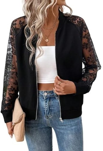 LCDIUDIU Chaqueta Bomber De Verano para Mujer, Color Beige, Con Malla De Flores Rosas Transparentes, Mangas Largas, Chaqueta De Béisbol Ligera Con Cremallera, Abrigo De Aviador Piloto Informal