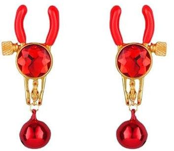 Red Crystal Nipple Clip Clamps Bell Pendant, Adjustable Weight Metal Nipple Clamps for Men Women, Non-Piercing Metal Stimulator Nipple Clips Adult Toys(r1-de1)