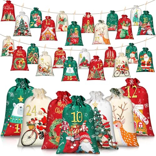 Pack of 24 Advent Calendar for Filling, Fillable Large Bags, 2025 DIY Self-Fillable Bag, Gift Bags, Advent Bags, Christmas Calendar Fabric Bags for Children Adults
