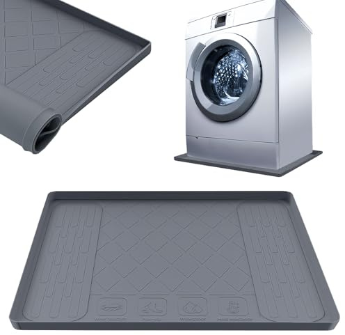 27×27×0.79inch Washer Drain Pan Silicone Mat, Waterproof Anti-Vibration Non-Slip Washer Drip Tray, With Raised Edge Washing Machine Silicone Mat, Floor Leak Protector for Laundry Room（Grey）