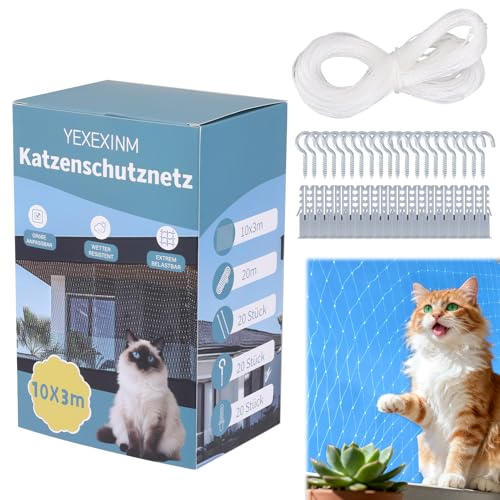 YEXEXINM Katzennetz für Balkon und Fenster - 10 x 3 m Reißfestes und Wetterfestes Katzenschutznetz - Inkl. Montagematerial für einfache Installation - Katzennetz für Terrassen Fenster und Zäune