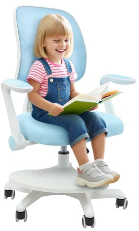 YUYUZI Silla de escritorio para niños ajustable en altura, silla giratoria ergonómica con reposabrazos y reposapiés - Silla de estudio para niños, altura del asiento 40-52 cm, hasta 158 kg (Azul)