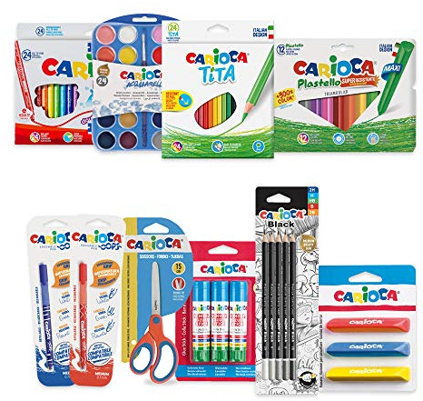 CARIOCA Back To School | Tillbaka till skolan brevpapper set med färg- och grafitpennor, akvareller med pensel, markörer, raderbara pennor, vaxer, gummi, saxar och sticklim, 100 st