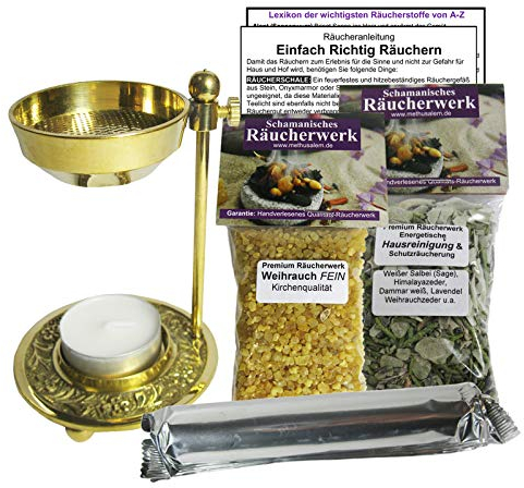 Räucherstövchen Messing Weihrauchbrenner 7-TLG RÄUCHERSET zum Räuchern. MIT WEIHRAUCH & RÄUCHERMISCHUNG HAUSREINIGUNG & SCHUTZRÄUCHERUNG + ZUBEHÖR + Räucherlexikon. 82030-M3