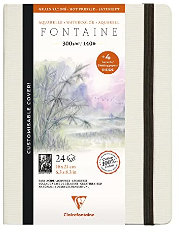 Clairefontaine 975442C - Skizzenbuch mit Fadenbindung Fontaine mit 24 Blatt weißes Zeichenpapier, glänzend, 21x16 cm 300g + 4 Bogen Löschpapier 200g