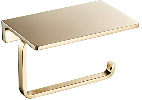 NSODOO Solid Brass Bathroom Toilet Paper Holder and Superior Hotel Style Toilet Roll Holder with Mobile Phone Storage Polished Gold